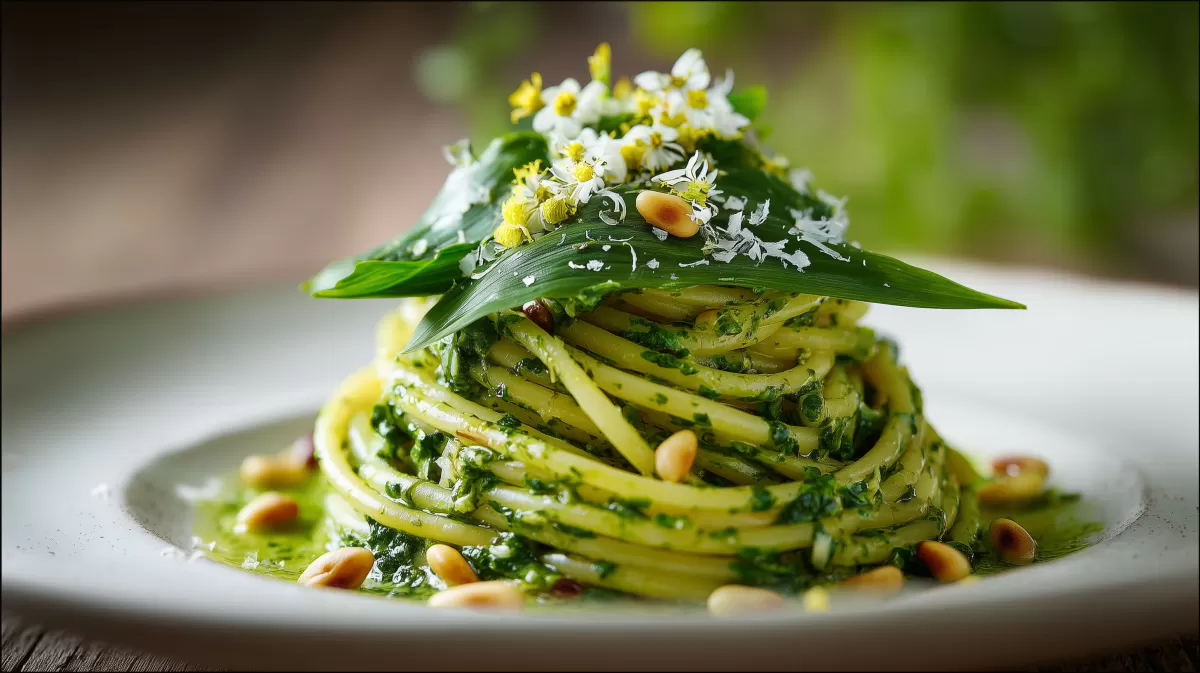 Spaghetti mit Bärlauch-Pesto und Pinienkernen