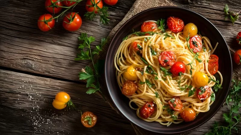 Spaghetti mit bunten Tomaten und Kräutern auf Holz