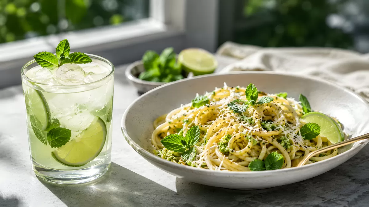 Spaghetti mit Minze und Limette neben Mojito-Drink