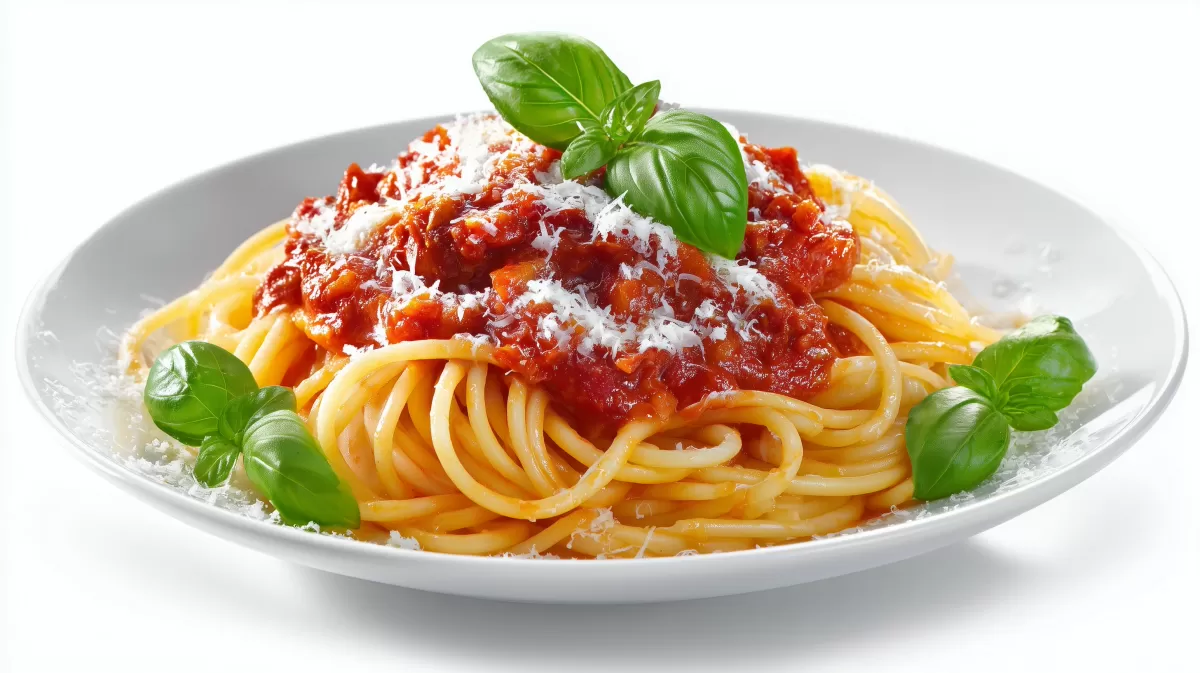 Spaghetti mit Tomatensoe, Parmesan und Basilikum