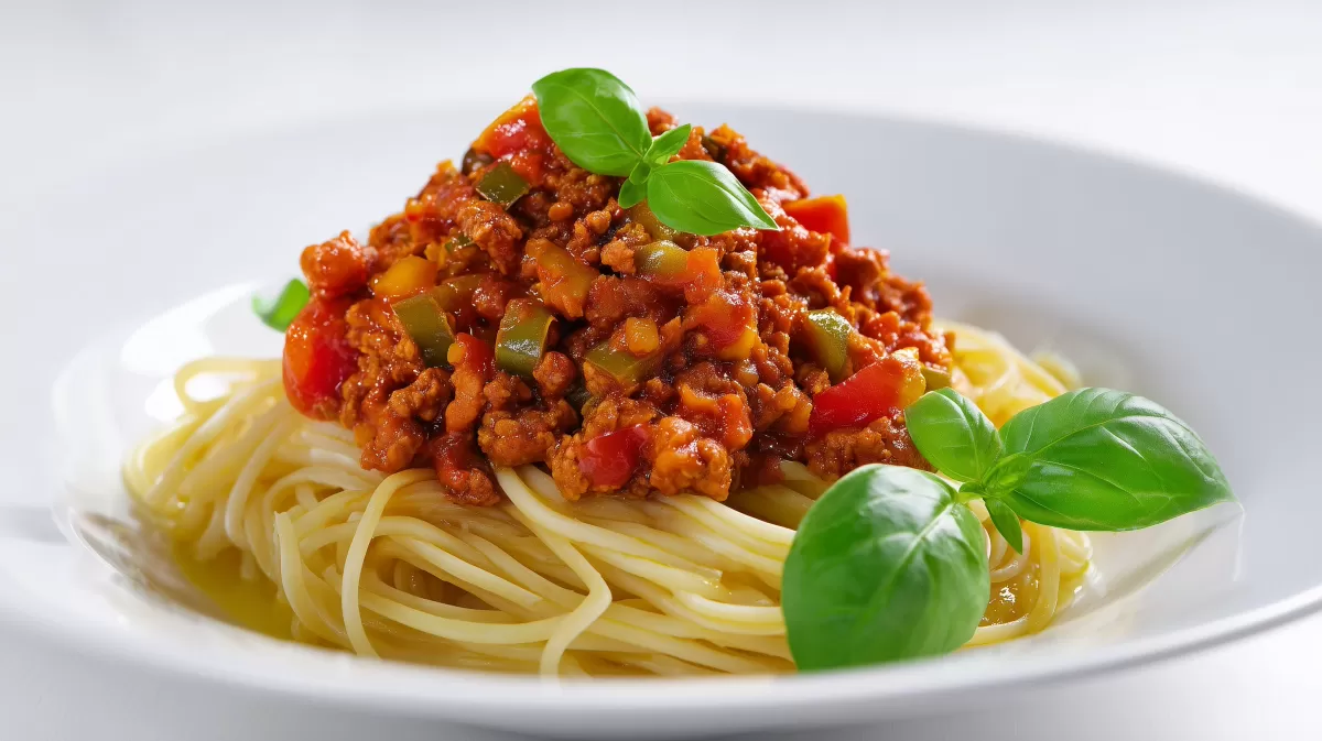 Spaghetti mit veganer Bolognese und Basilikum