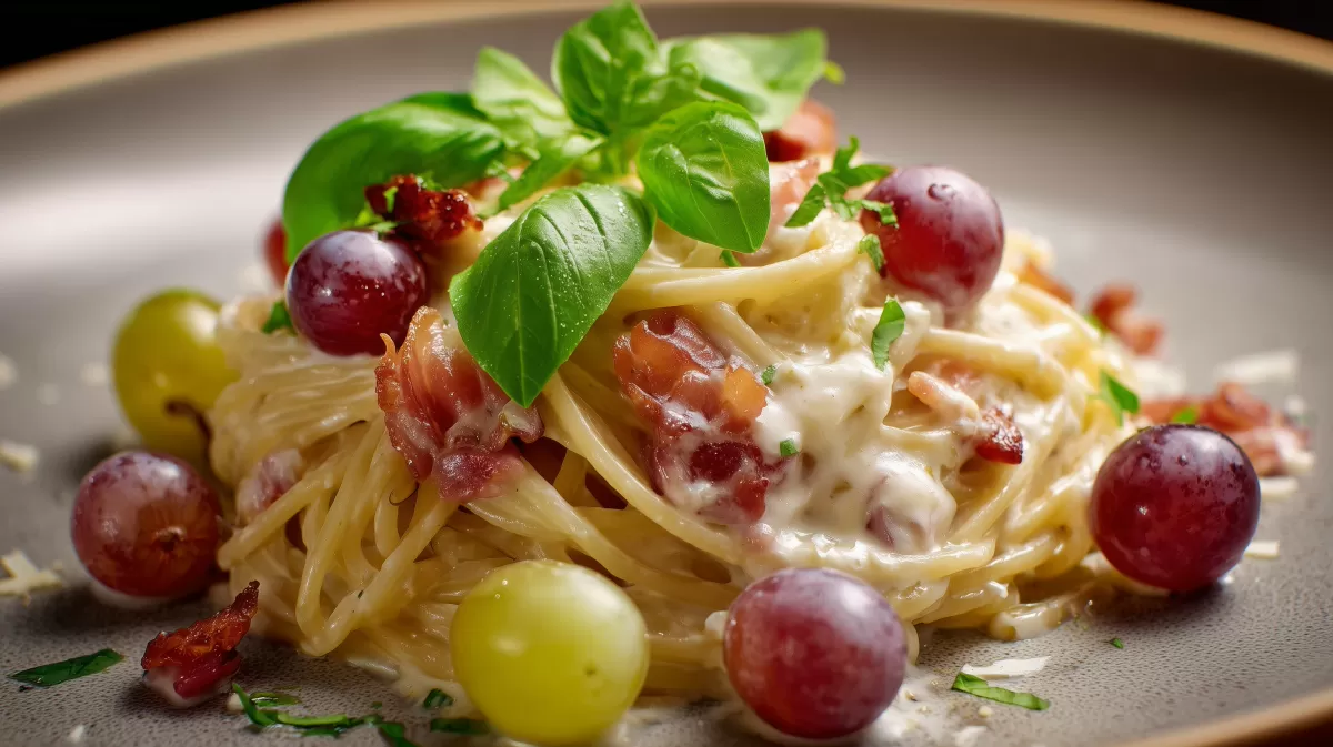 Spaghetti Trauben Carbonara mit Basilikum serviert