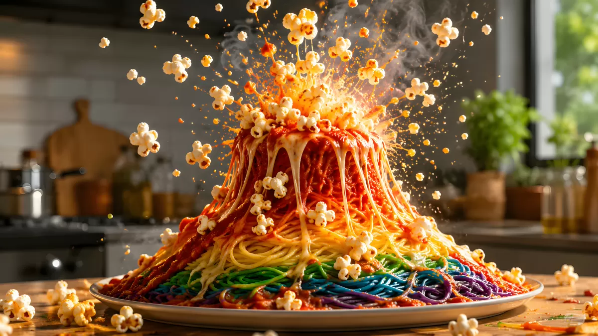 Spaghetti-Vulkan mit Popcorn-Explosion auf Teller