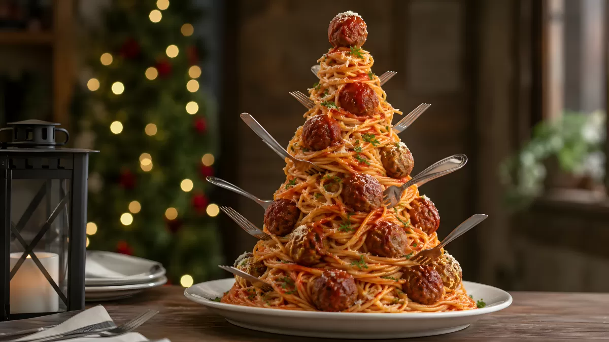 Spaghetti-Weihnachtsbaum mit Fleischbällchen