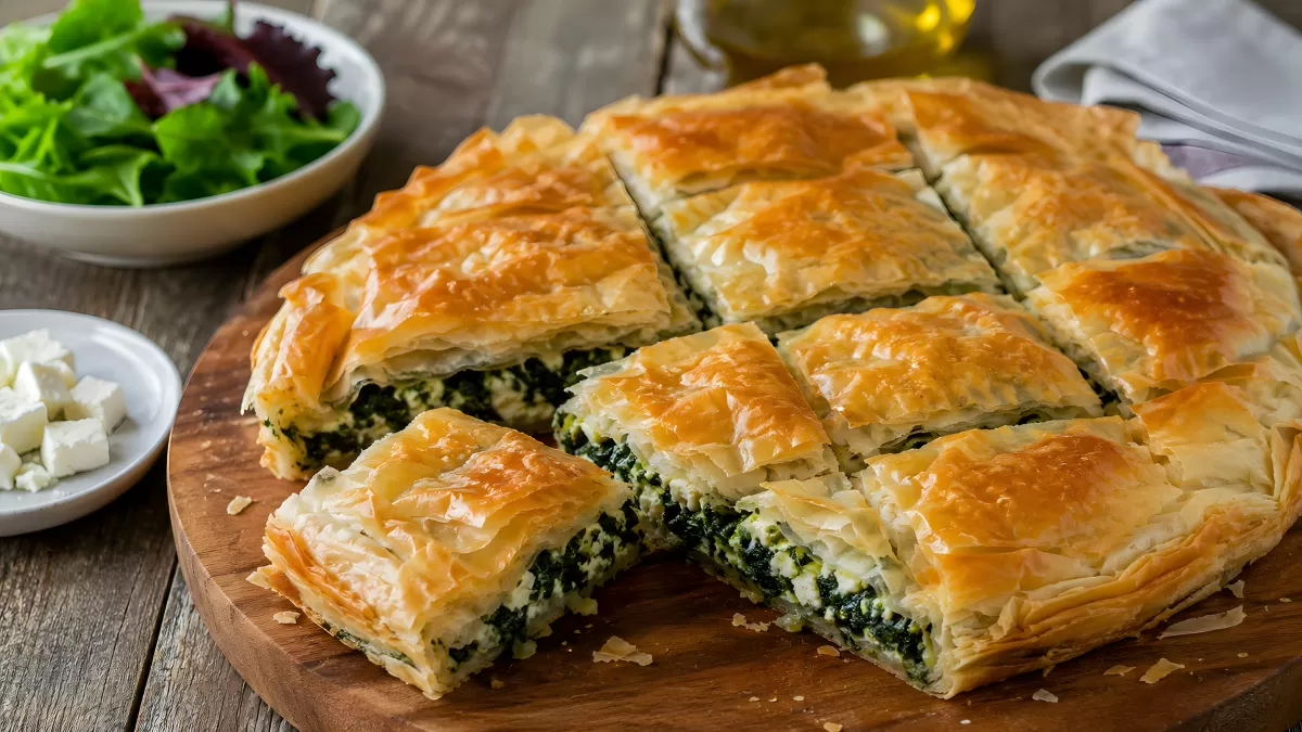 Spanakopita mit Spinat und Feta frisch gebacken