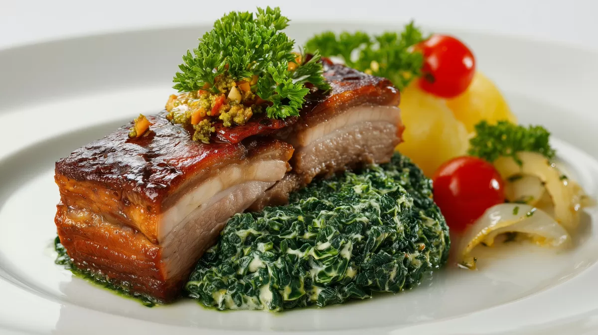 Spanferkel auf Teller mit Grünkohl und Braunkohl