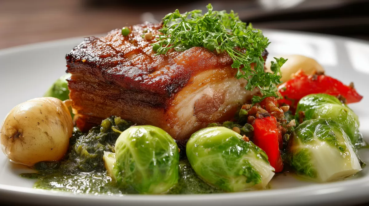 Spanferkel mit Grünkohl und Braunkohl auf Teller