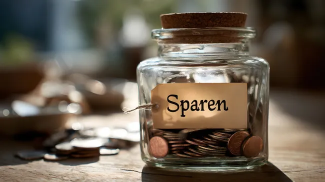 Spardose mit Münzen und Beschriftung auf Holztisch