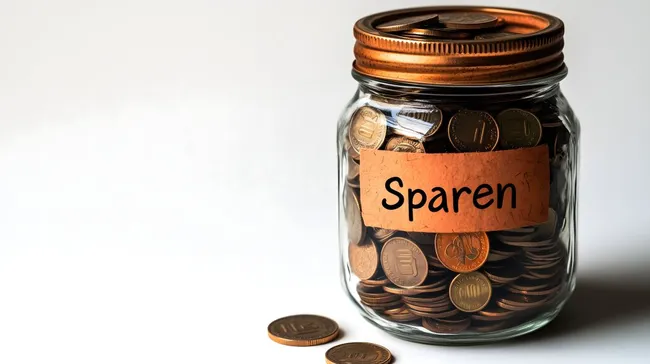 Spardose mit Münzen und Etikett auf weißem Hintergrund