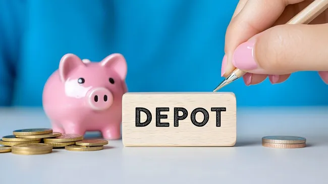 Sparen und Investieren: Piggy Bank mit Holzwürfel und Münzen