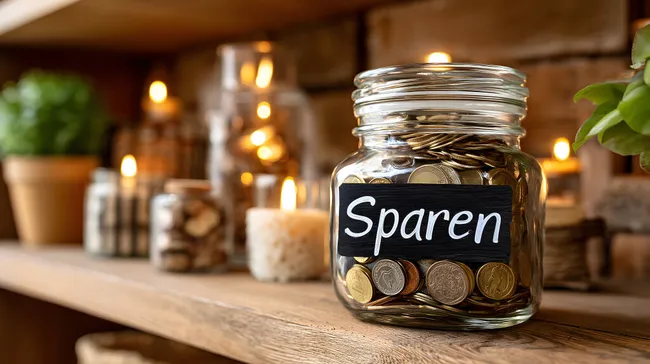 Sparen und Wachsen: Glasgefäß voller Münzen im Kerzenlicht