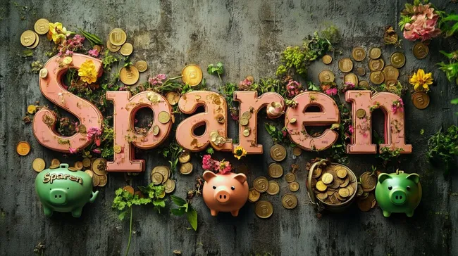 Sparen und Wachstum - Rustikale Spar-Deko mit Blumen und Münzen