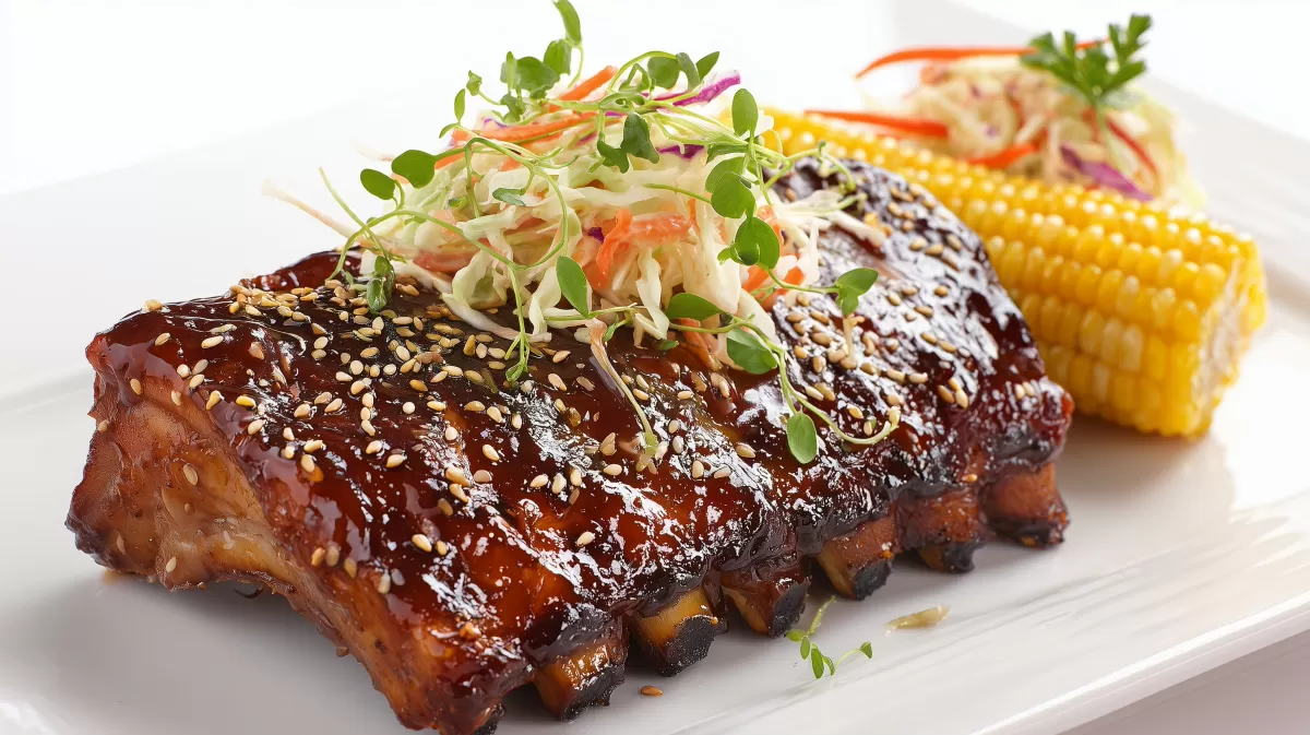 Spareribs vom Grill mit Coleslaw und Maiskolben