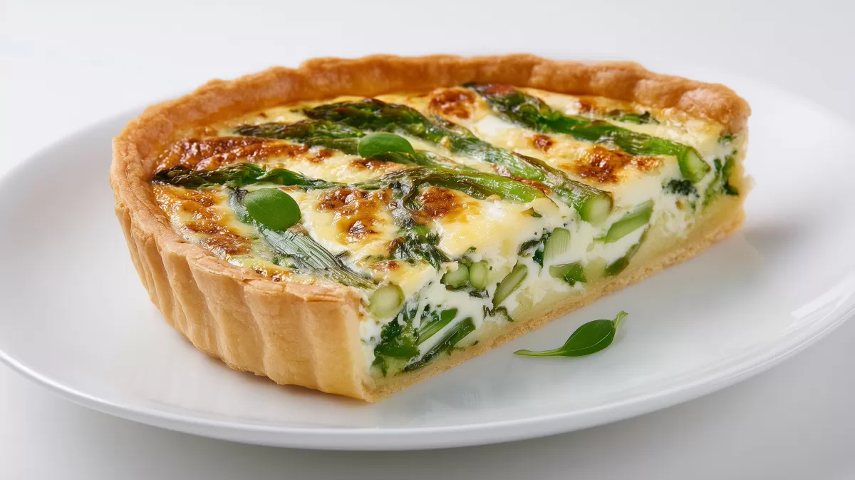 Spargel Bärlauch Quiche – Stück auf weißem Teller