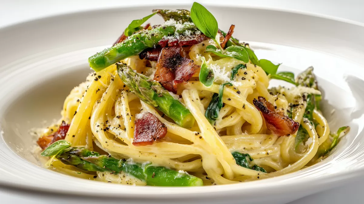 Spargel Carbonara mit Bärlauch und knusprigem Speck