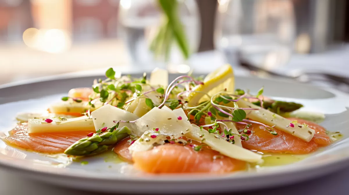 Spargel Carpaccio mit Lachs fo auf elegantem Teller