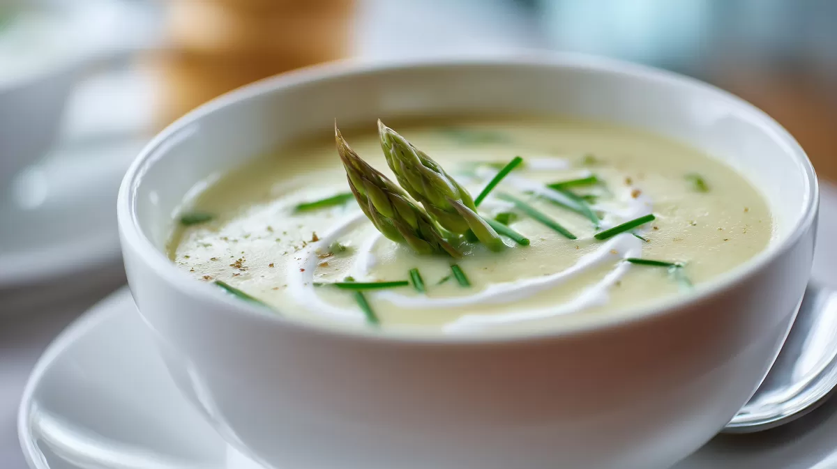 Spargel Cremesuppe mit Schnittlauch in weißer Schale