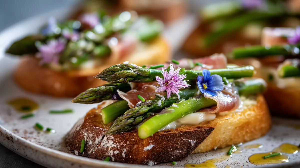 Spargel Crostini mit Südtiroler Speck und Blüten