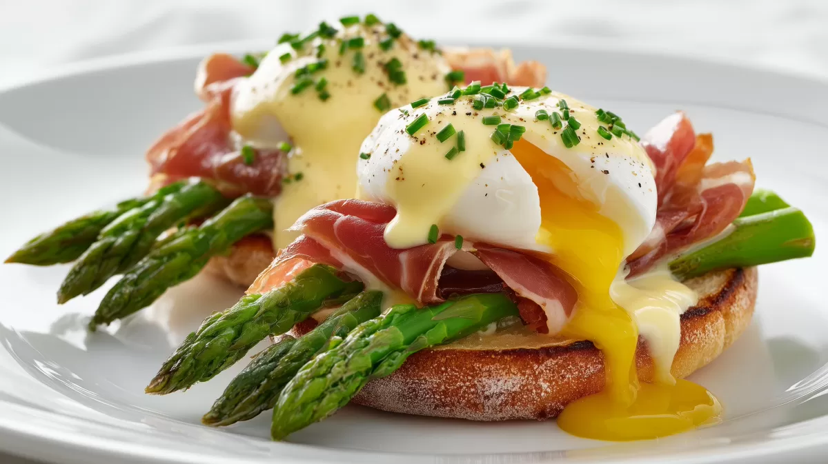 Spargel Eier Benedict mit Schinken und Hollandaise