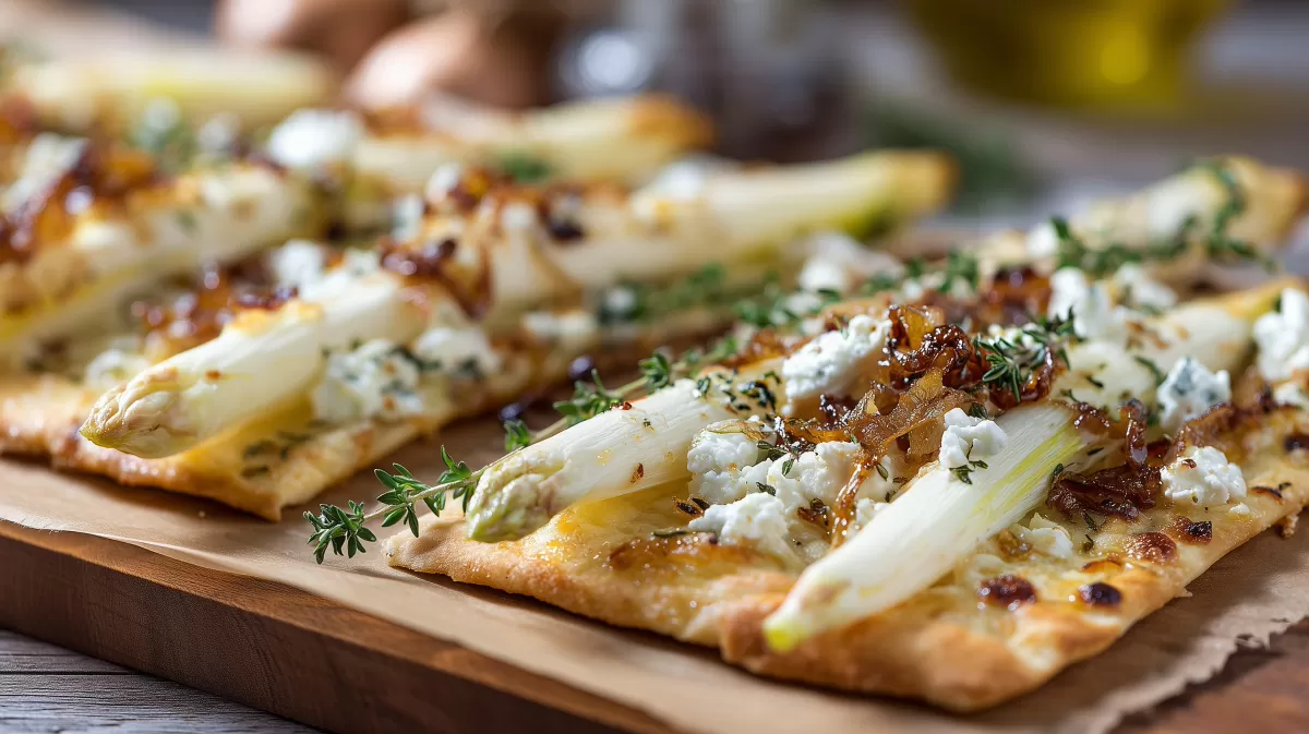 Spargel Flammkuchen mit Ziegenkäse
