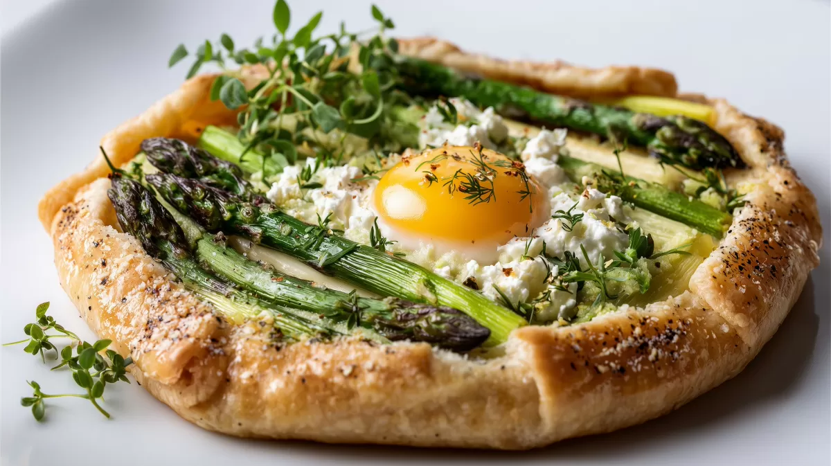Spargel Galette mit Wachtelei und Ziegenkäse