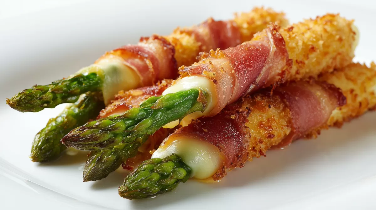 Spargel mit Bacon und Pankobrösel auf Teller