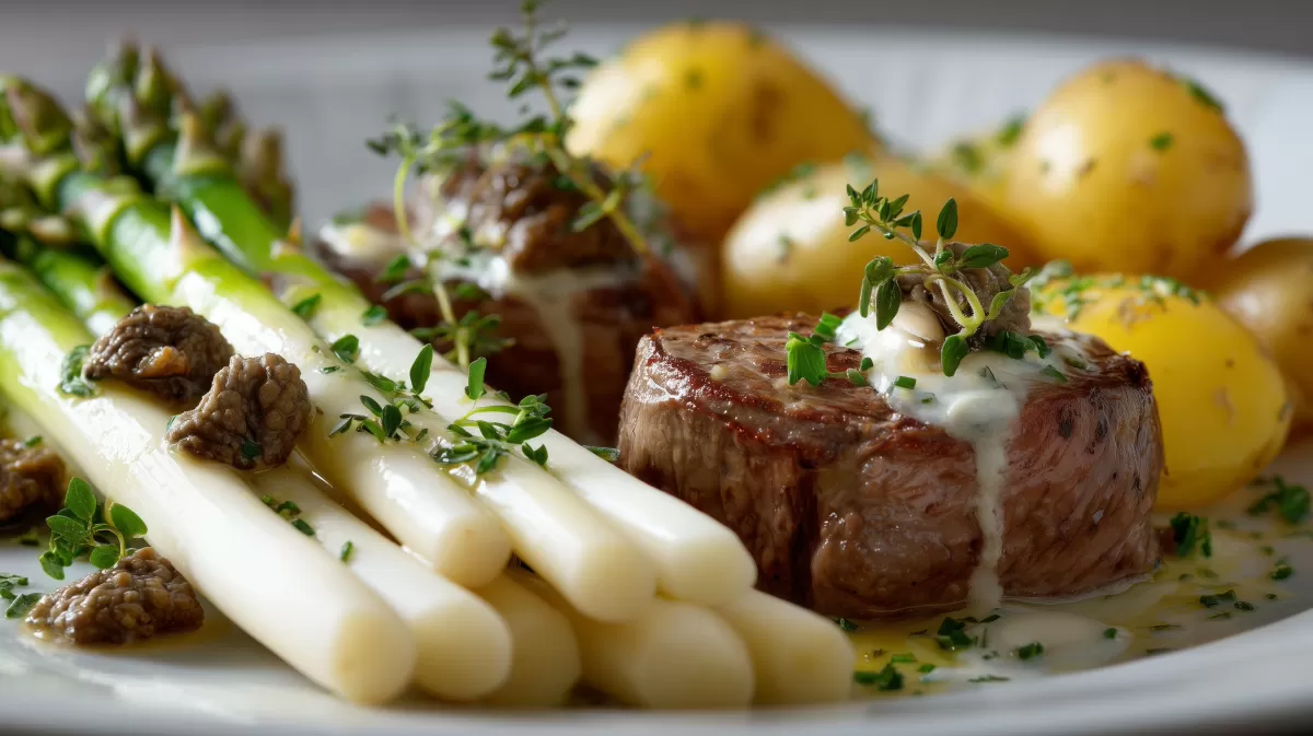 Spargel mit Kalbsfilet, Morcheln und Kartoffeln