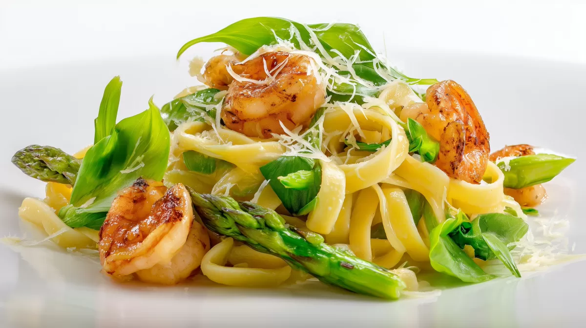 Spargel Nudeln mit Scampi und Brlauch frisch angerichtet