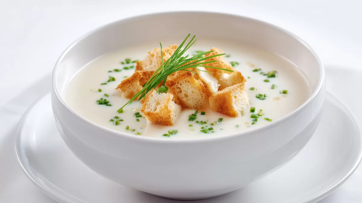 Spargelcremesuppe mit Brotcroutons und Schnittlauch