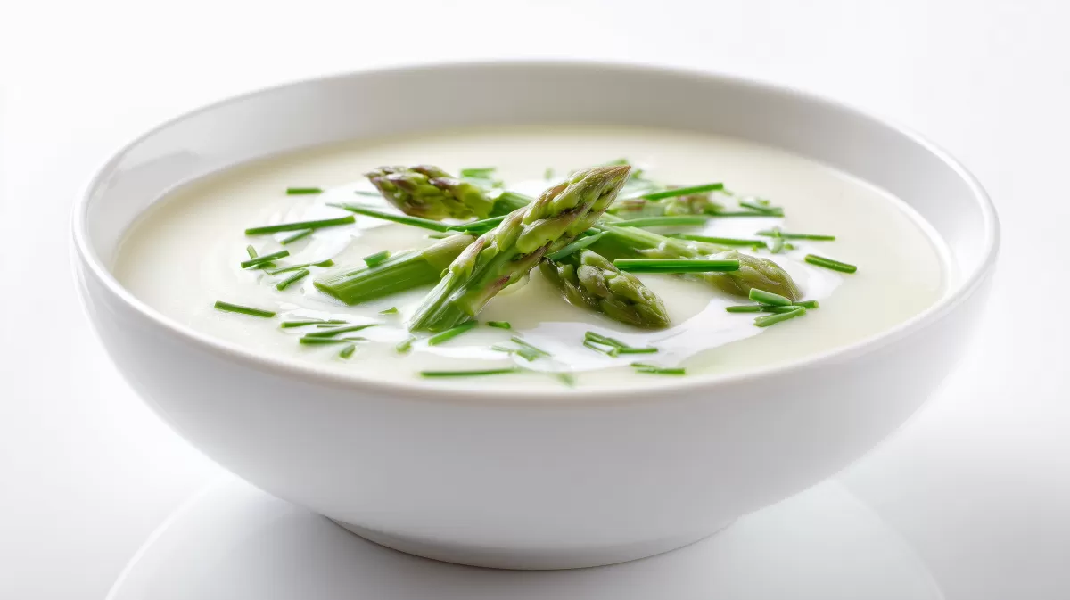Spargelcremesuppe mit grünem Spargel und Schnittlauch
