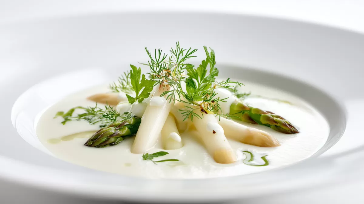 Spargelcremesuppe mit weißem und grünem Spargel