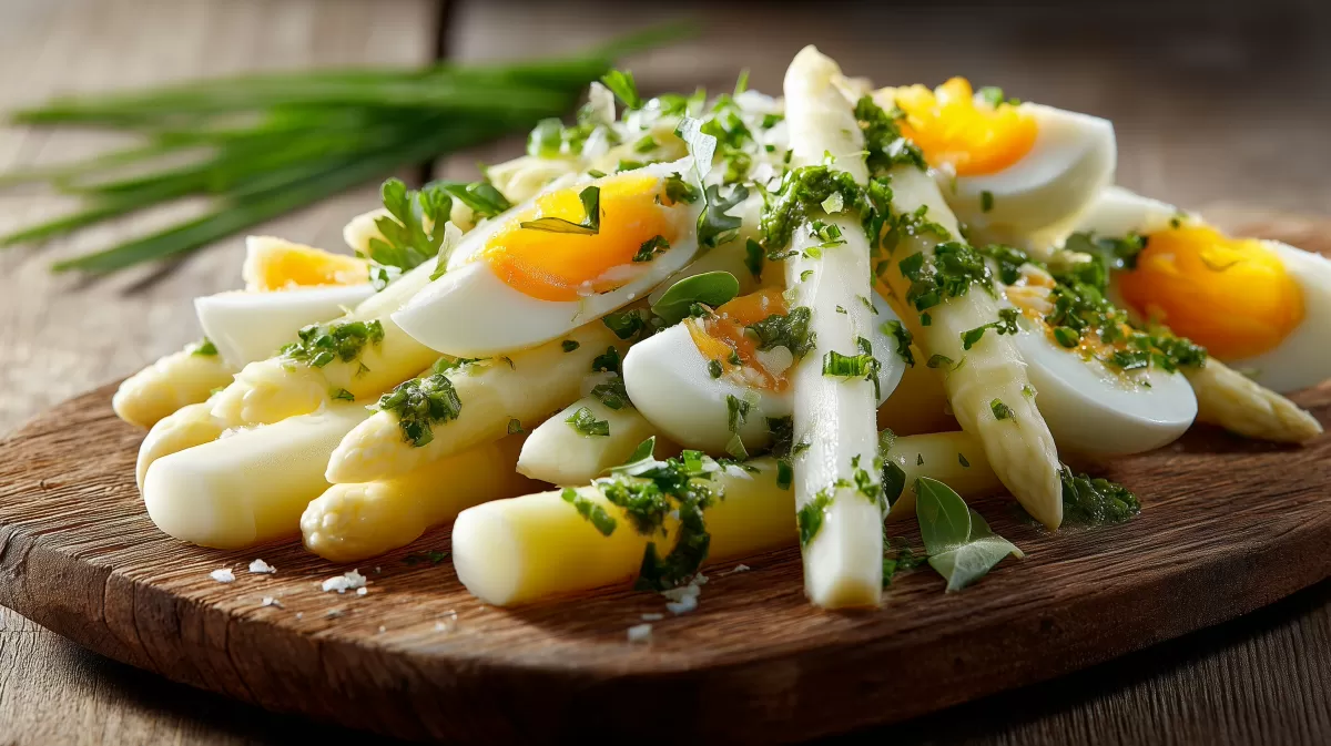 Spargelsalat mit Ei und Kräuterdressing auf Holzbrett