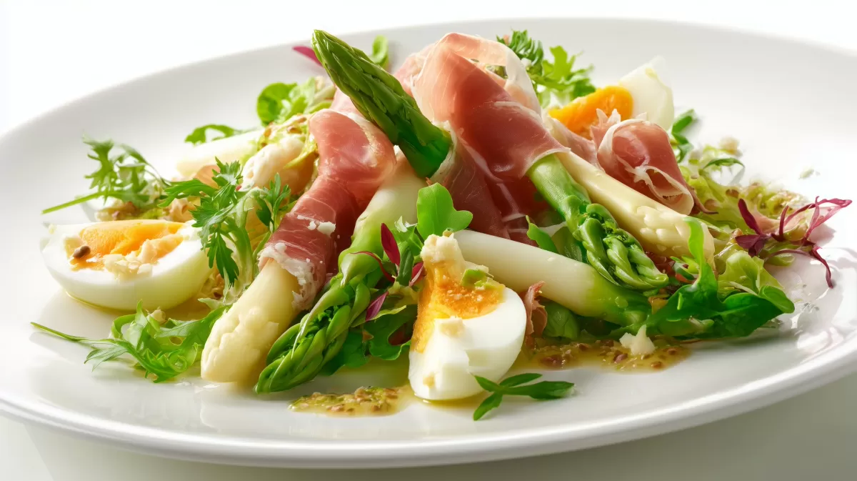Spargelsalat mit Schinken und Wachtelei auf Teller