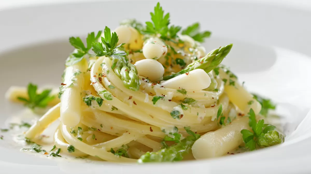 Spargelspaghetti mit weißem Spargel und Petersilie