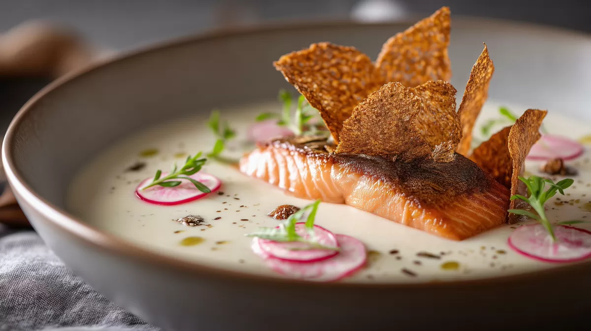 Spargelsuppe mit Lachs und knusprigen Leinsamenchips