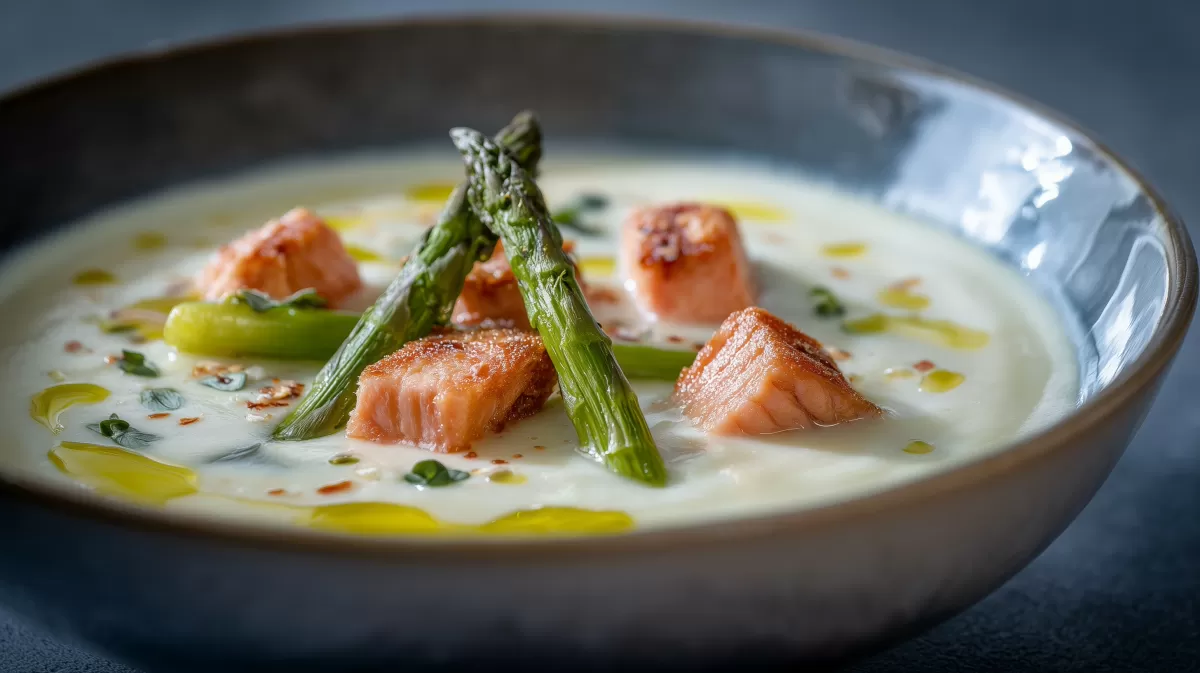 Spargelsuppe mit Lachs und Leinsamenchips serviert