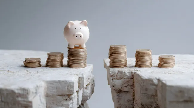 Sparschwein auf Münzstapeln zwischen Klippen - Finanzsicherheit