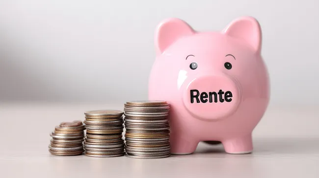 Sparschwein mit Aufschrift 'Rente' vor Münzenstapeln