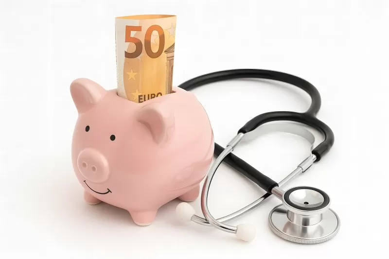 Sparschwein mit Geldschein und Stethoskop auf Weiß