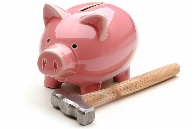 Sparschwein mit Hammer: Finanzen sparen