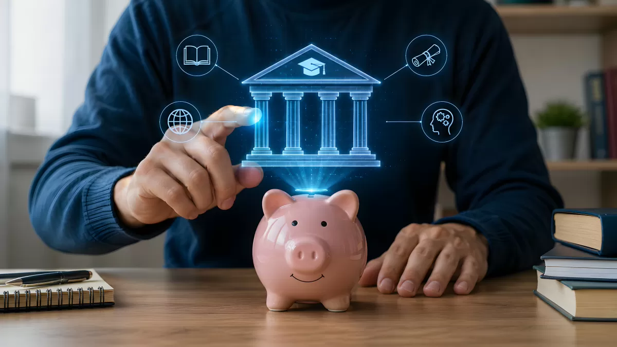 Sparschwein mit Hologramm einer Universität und Bildungssymbolen