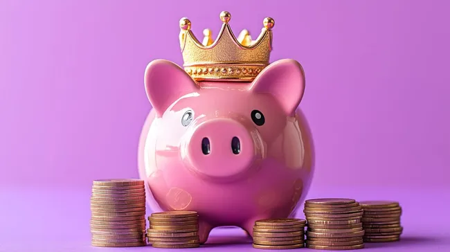 Sparschwein mit Krone und Münzen auf lilafarbenem Hintergrund