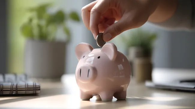 Sparschwein mit Münze, Büromaterial im Hintergrund