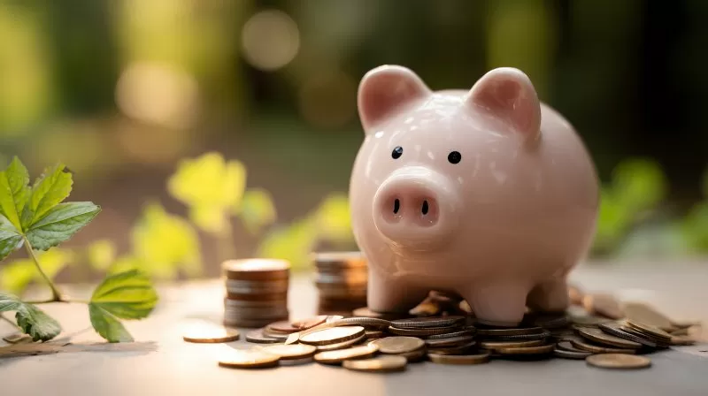 Sparschwein mit Münzen im Sonnenlicht auf Holztisch