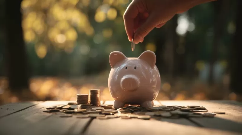 Sparschwein mit Münzen im Sonnenlicht