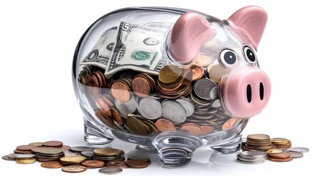 Sparschwein mit Münzen und Scheinen in Glasgefäß