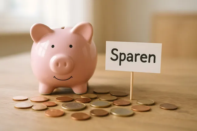Sparschwein mit Münzen und Sparen-Schild auf Holztisch