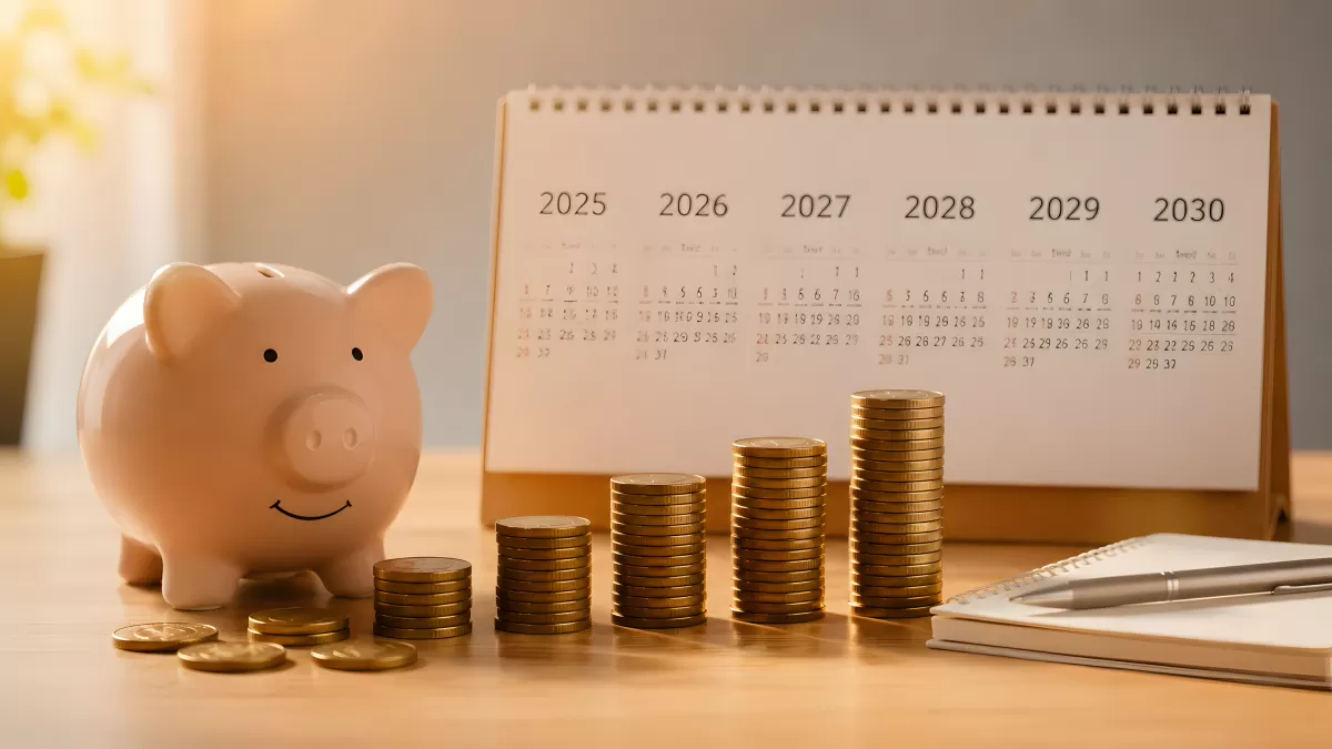 Sparschwein mit Münzstapeln und Kalender 2025 bis 2030