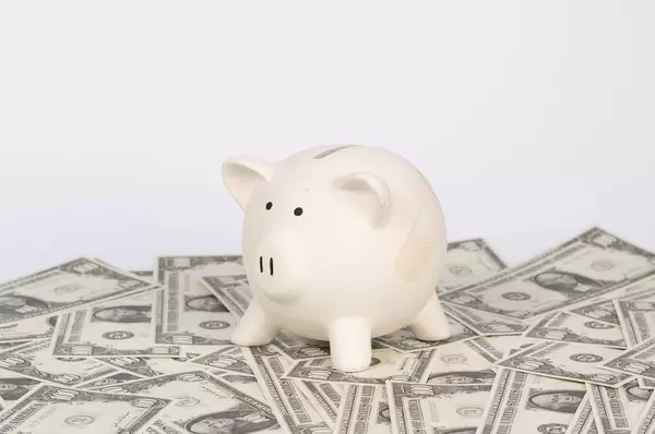 Sparschwein steht auf verteilten US-Dollar Banknoten