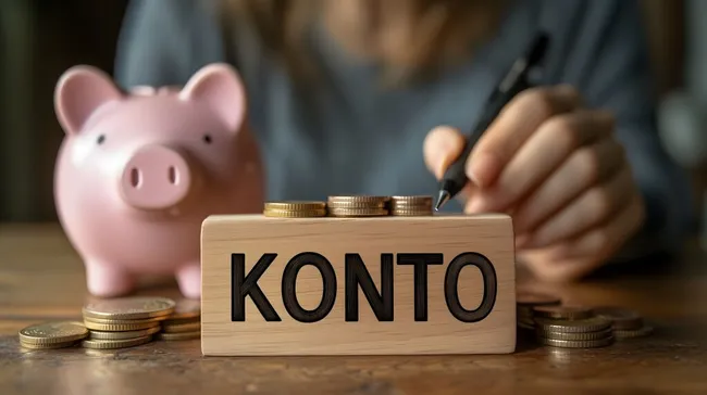 Sparschwein und Münzen auf Holztisch - Finanzen und Kontoführung